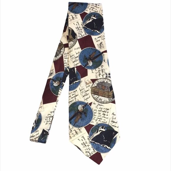 Structure Airplanes Ships Suitcases Letters Travel Tie Cream Blue - Picture 2 of 5